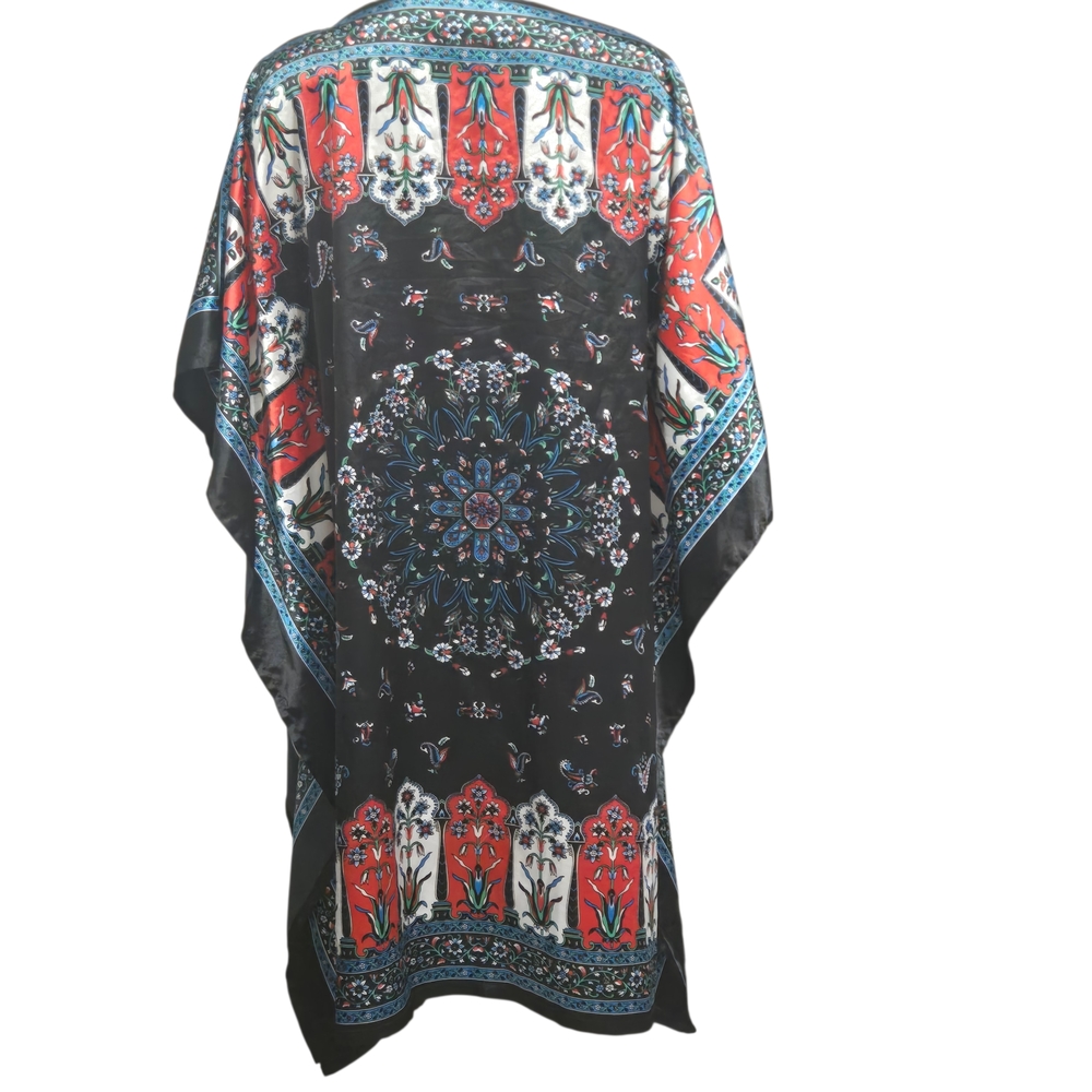 Kaftan Black and Red Floral Satin Tunic Midi Dress Womens Size Small - Picture 3 of 7
